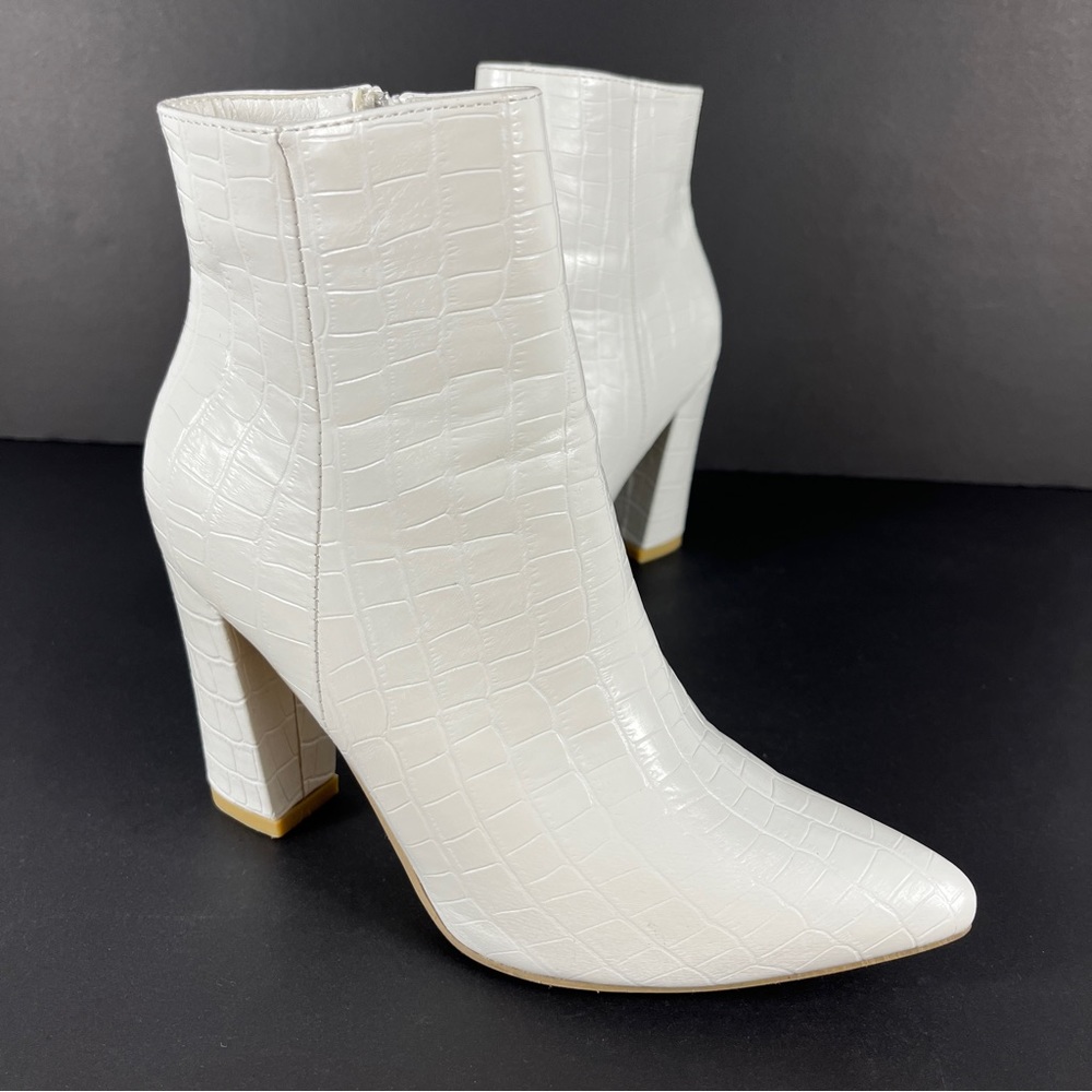 White Croc-Embossed Ankle Booties - High Block Heel
